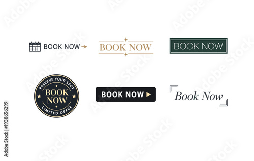 Variety of book now buttons in different designs and styles for online reservation