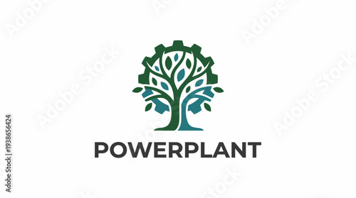 This logo creatively combines a tree and gears, representing sustainability and innovation in power generation, appealing for businesses in the renewable energy sector.
