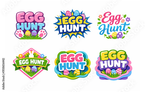 Colorful egg hunt labels with easter eggs and spring designs