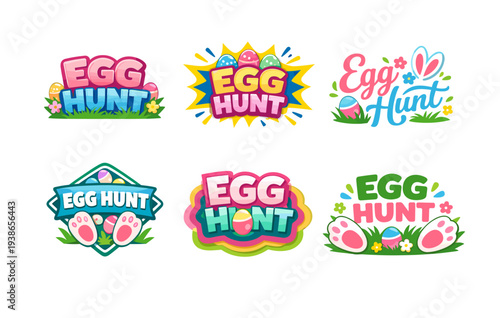 Colorful egg hunt logos with easter themes and decorative elements