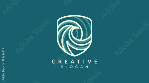 This logo presents a wave pattern within a shield shape, representing strength, creativity, and fluid movement, ideal for brands focusing on innovation and dynamic ideas.