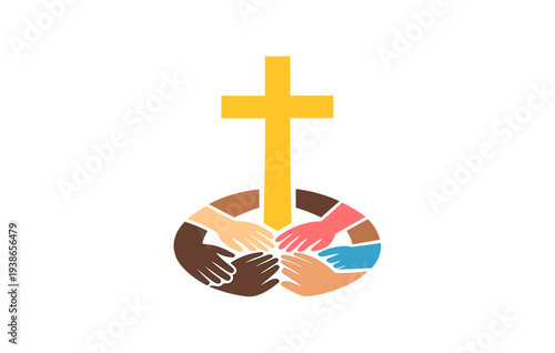 Unity in diversity: multiracial hands embracing cross symbolizing faith and solidarity