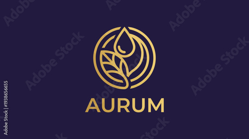 A luxurious logo design featuring a water drop and leaf within a circular emblem. This minimalistic representation emphasizes nature and elegance, ideal for premium branding.