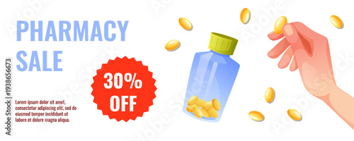 Pharmacy Sale Banner with Vitamin Bottle and Omega Capsules