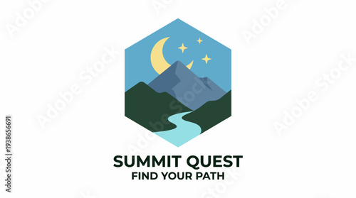 The scenic logo features mountains and a river, representing the spirit of adventure and exploration, ideal for outdoor and travel brands encouraging self-discovery.