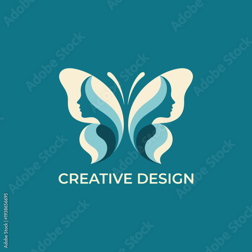 This captivating logo embodies duality with profiles integrated into a butterfly design, symbolizing transformation and creativity, ideal for design or beauty-focused ventures.