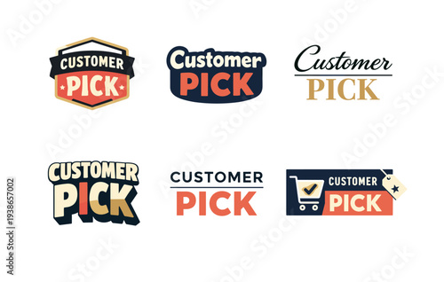 Customer pick badge collection with shopping cart and price tag elements