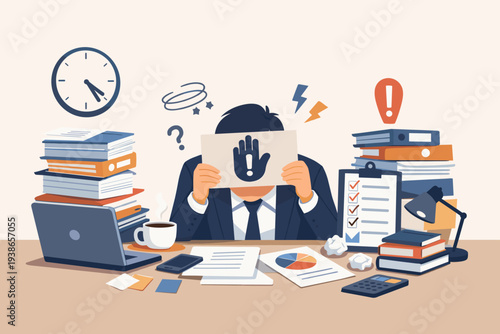 Stressed Businessman Overwhelmed by Work Overload Holding Help Sign at Desk with Piles of Documents, Laptop, and Coffee. Flat Vector Illustration of Burnout, Deadline Pressure, and Office Stress.