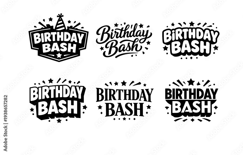 Fototapeta premium Creative birthday bash logo designs with festive fonts and stars