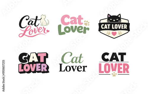Six creative cat lover logo designs featuring paw prints and feline elements