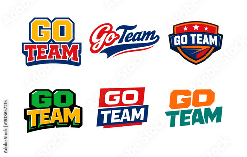 Bold graphic "go team" logos in various colors and styles