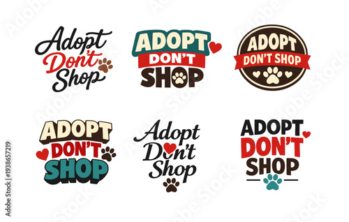 Adopt don't shop logos with paw and heart designs