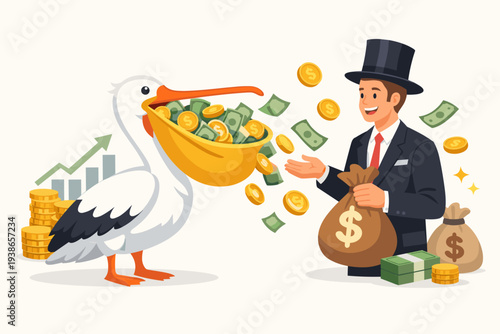 Businessman in Top Hat Receiving High Returns and Dividends from a Pelican Full of Money, Symbolizing Successful Stock Investment, Wealth Management, Financial Growth, and Lucrative Savings.