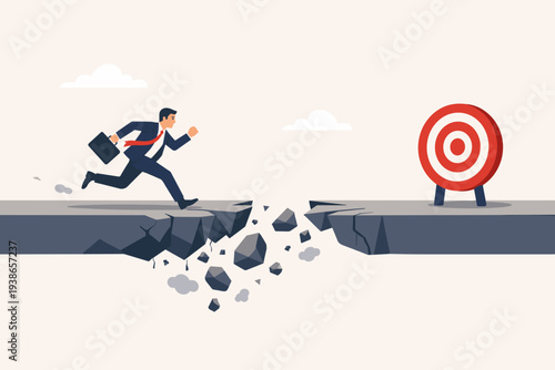 Businessman Running Towards Target as Ground Crumbles Creating a Gap Representing Business Failure Risk Challenge and Struggle to Achieve Goals in Uncertain Economic Times Concept Illustration