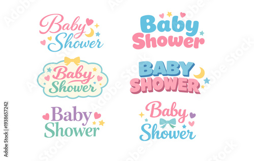 Colorful baby shower text designs with hearts and stars in pastel colors