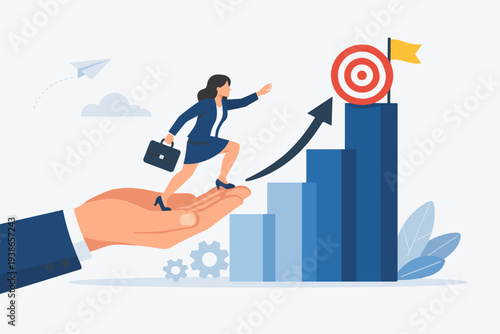 Businesswoman supported by a giant helping hand to reach career goals and success. Vector illustration of professional growth, mentorship, and climbing the corporate ladder towards a target goal.