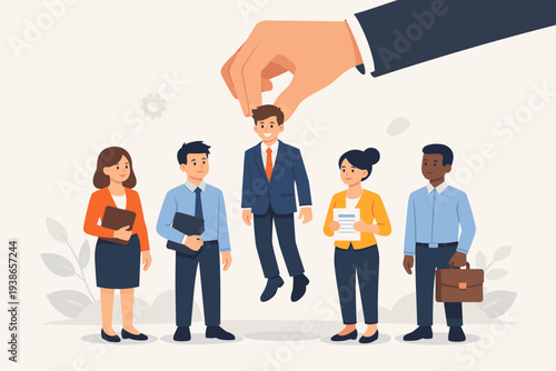 Human Resources Recruitment Concept with Giant Hand Picking Candidate from Group of Diverse Job Applicants for Work Vacancy, Talent Acquisition, Hiring Process, and Career Selection Illustration.