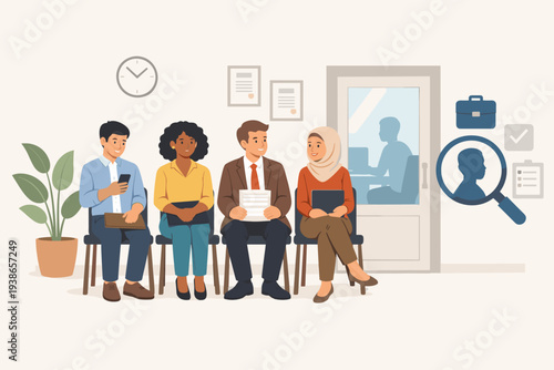 Diverse Group of Professional Job Candidates Waiting for Interview in Office Hallway, Recruitment and Hiring Concept with Applicants Holding Resumes and Tablets for New Employment Opportunity