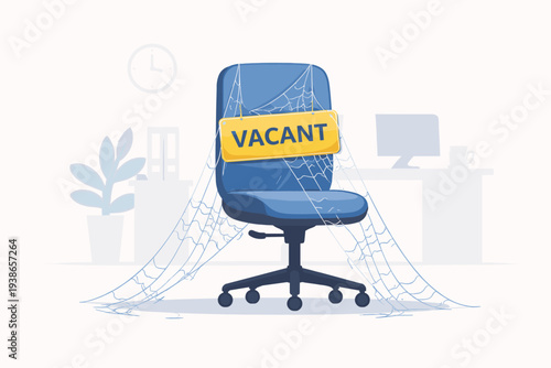 Labor Shortage and Job Vacancy Concept with a Blue Office Chair Covered in Cobwebs and a Vacant Sign in an Empty Office, Representing Hiring Crisis, Recruitment Issues, and Help Wanted.