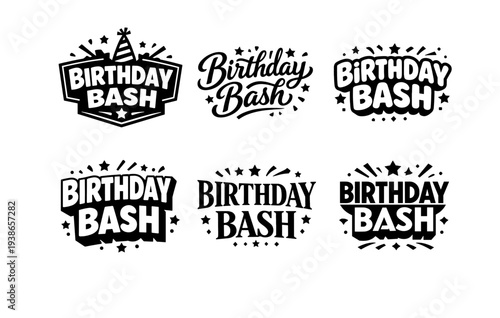 Creative birthday bash logo designs with festive fonts and stars