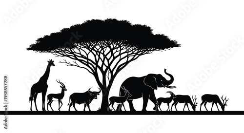 Striking African Wildlife Safari Scene: Giraffe, Elephant, and Antelopes Under an Iconic Acacia Tree Silhouette