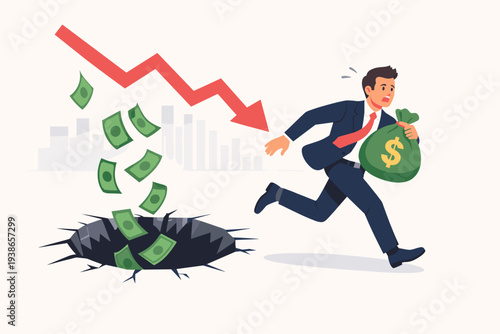 Scared Businessman Running Away from Stock Market Crash and Financial Crisis with Money Bag. Red Arrow Pointing Down and Banknotes Falling into Hole. Concept of Investment Risk and Recession Loss.