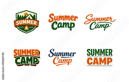 Colorful summer camp logos collection with bold text and iconic designs