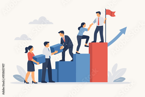 Business teamwork and growth concept with professional people building a bar chart, helping each other climb to the top to reach a goal flag, representing success, leadership, and collaboration.