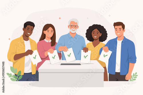 Diverse Group of People Putting Ballots with Checkmarks into a Voting Box for Election, Democracy, and Feedback. Multi-ethnic Men and Women Participating in Political Poll or Opinion Survey.