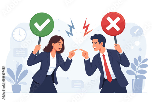 Business Man and Woman in Suits Arguing and Disputing with Yes and No Signs, Concept of Conflict, Office Rivalry, Disagreement, Debate, Dilemma, and Professional Struggle in Workplace Environment