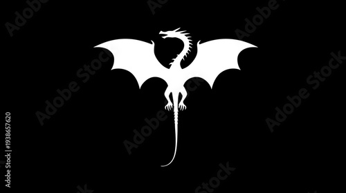 A white silhouette of a dragon spreads wings against a black backdrop, in a symmetrical view