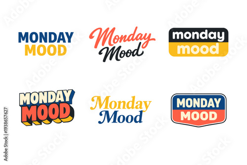 Variety of monday mood graphic logos in different font styles and colors