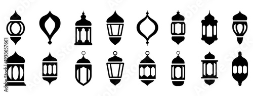 Ramadan Lantern Icon Set Black Silhouette Islamic Hanging Lantern Collection
