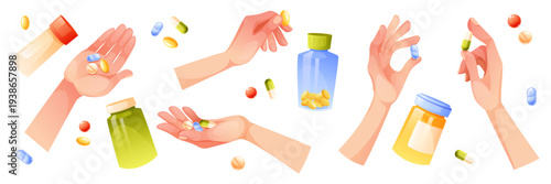 Hand Taking Pills and Vitamins from Bottle Set