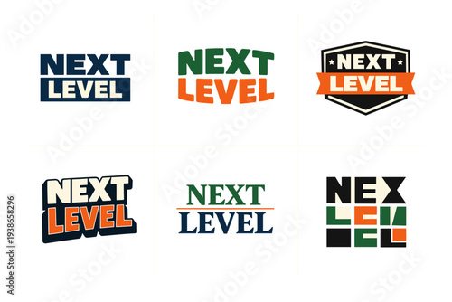 Next level logos in various typography styles and colors