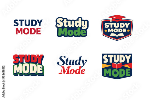 Various study mode logo designs with bold colors and unique fonts