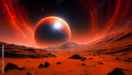 Giant glowing star over dark mountainous alien planet.