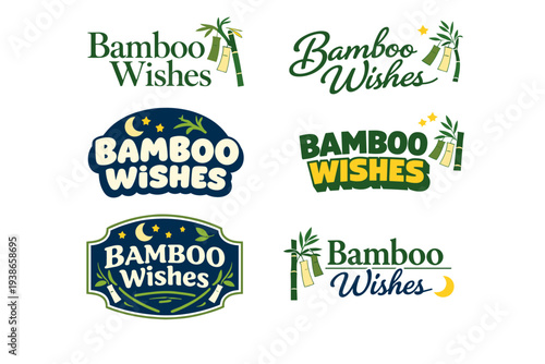 Bamboo wishes logos with bamboo and crescent moon elements