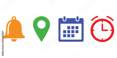 Set of colorful ui interface icons including notification bell, location pin, calendar and alarm clock