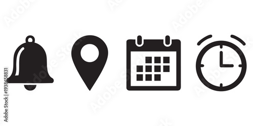 Set of four black ui icons including notification bell, location pin, calendar and alarm clock