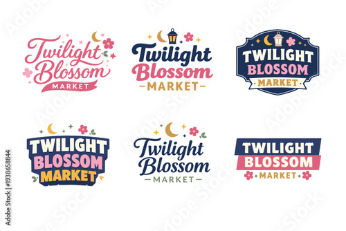 Twilight blossom market logo variations with floral and celestial themes