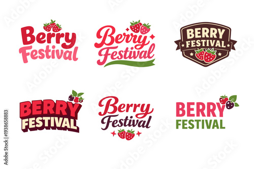Colorful berry festival logo designs featuring strawberries and bold typography