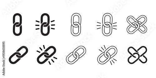 Set of link icons, chain link symbols, connection signs, web hyperlink buttons, vector illustration