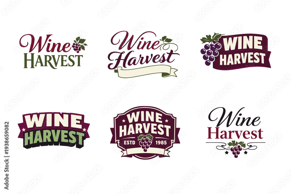 Fototapeta premium Wine harvest logos set with grapes and banners