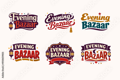 Colorful evening bazaar typography with lanterns and stars