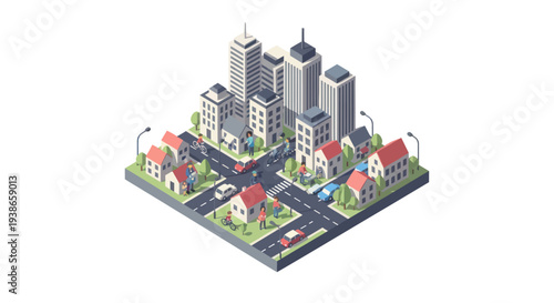 isometric cityscape with skyscrapers and residential buildings