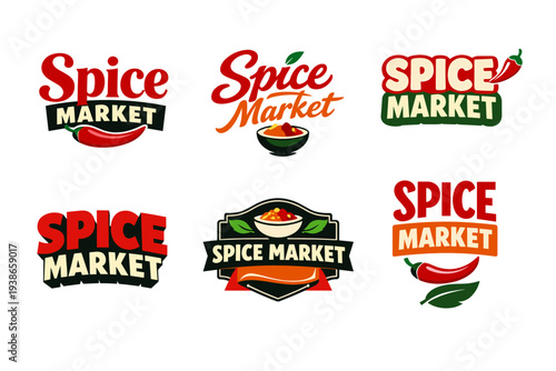 Colorful spice market logos with peppers and bowls