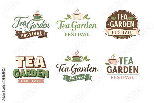 Tea garden festival logos with teacup and leaf designs