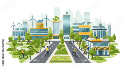 Eco friendly cityscape with cyclists and green buildings
