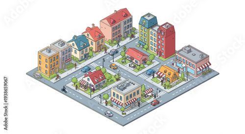 colorful city block with buildings and streets